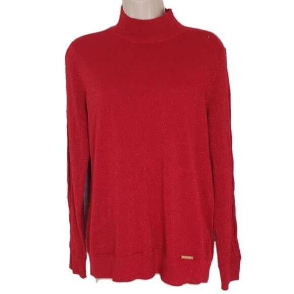 NWT MICHAEL MICHAEL KORS SPARKLY RED MOCK NECK LATTICE DETAIL SLEEVE SWEATER... - Picture 1 of 8